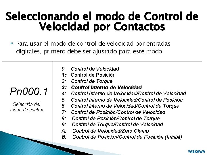 Seleccionando el modo de Control de Velocidad por Contactos Para usar el modo de