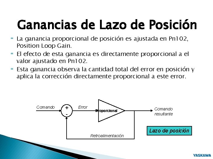 Ganancias de Lazo de Posición La ganancia proporcional de posición es ajustada en Pn