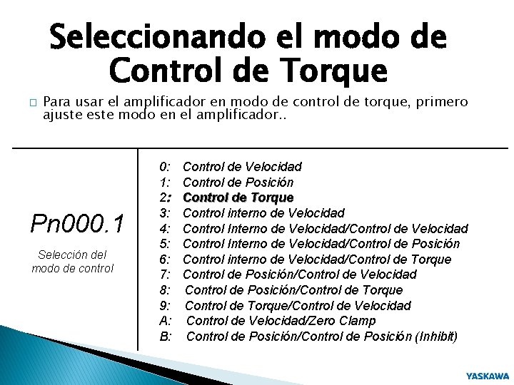 Seleccionando el modo de Control de Torque � Para usar el amplificador en modo