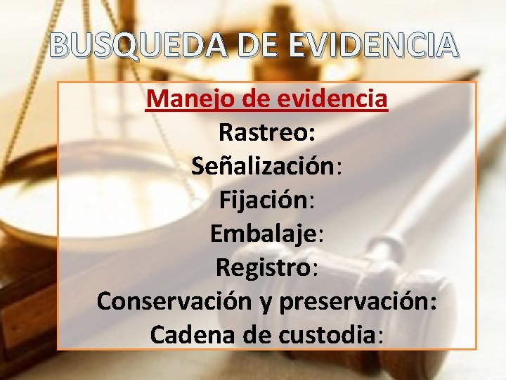 BUSQUEDA DE EVIDENCIA Manejo de evidencia Rastreo: Señalización: Fijación: Embalaje: Registro: Conservación y preservación: