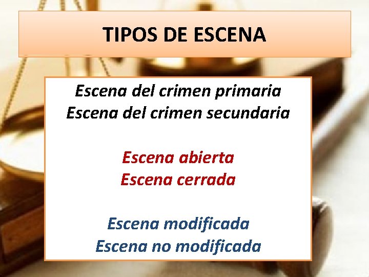 TIPOS DE ESCENA Escena del crimen primaria Escena del crimen secundaria Escena abierta Escena