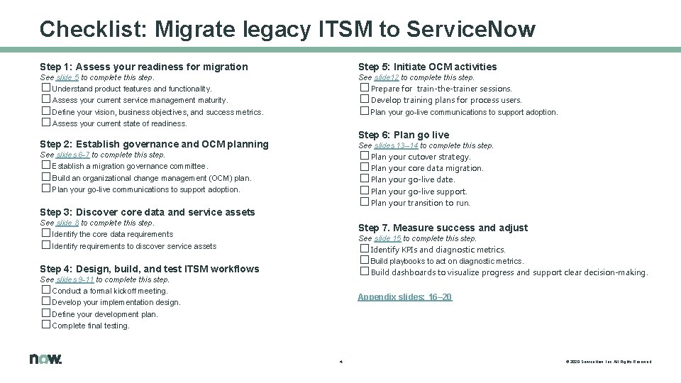 Checklist: Migrate legacy ITSM to Service. Now Step 1: Assess your readiness for migration Checklist: Migrate legacy ITSM to Service. Now Step 1: Assess your readiness for migration