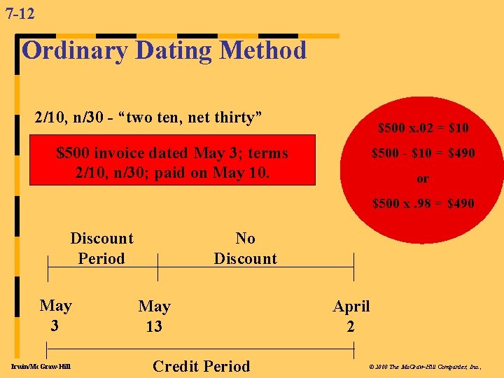 7 -12 Ordinary Dating Method 2/10, n/30 - “two ten, net thirty” $500 x.