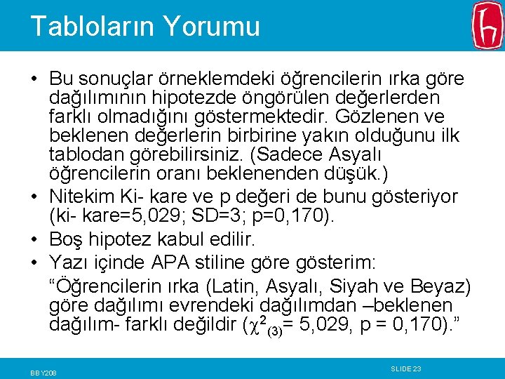 Tabloların Yorumu • Bu sonuçlar örneklemdeki öğrencilerin ırka göre dağılımının hipotezde öngörülen değerlerden farklı Tabloların Yorumu • Bu sonuçlar örneklemdeki öğrencilerin ırka göre dağılımının hipotezde öngörülen değerlerden farklı