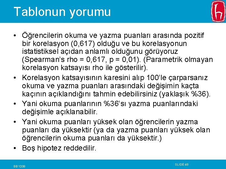 Tablonun yorumu • Öğrencilerin okuma ve yazma puanları arasında pozitif bir korelasyon (0, 617) Tablonun yorumu • Öğrencilerin okuma ve yazma puanları arasında pozitif bir korelasyon (0, 617)