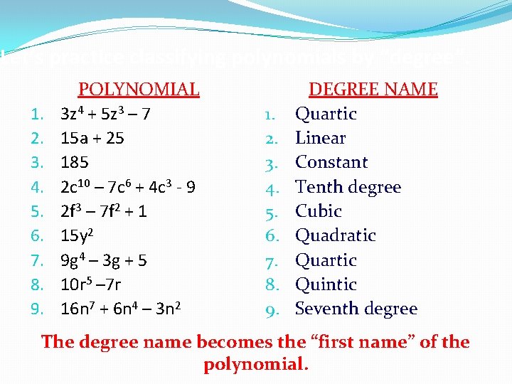 Let’s practice classifying polynomials by “degree”. 1. 2. 3. 4. 5. 6. 7. 8.