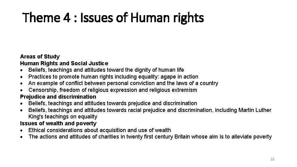 Theme 4 : Issues of Human rights Areas of Study Human Rights and Social