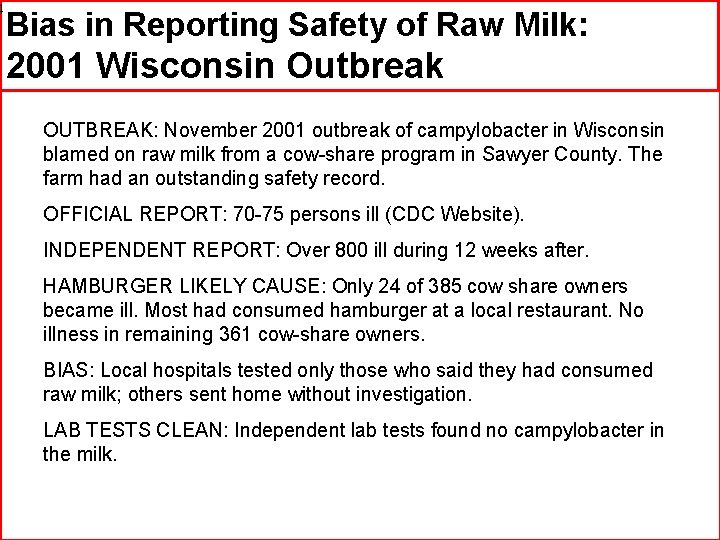 4 Bias in Reporting Safety of Raw Milk: 2001 Wisconsin Outbreak OUTBREAK: November 2001