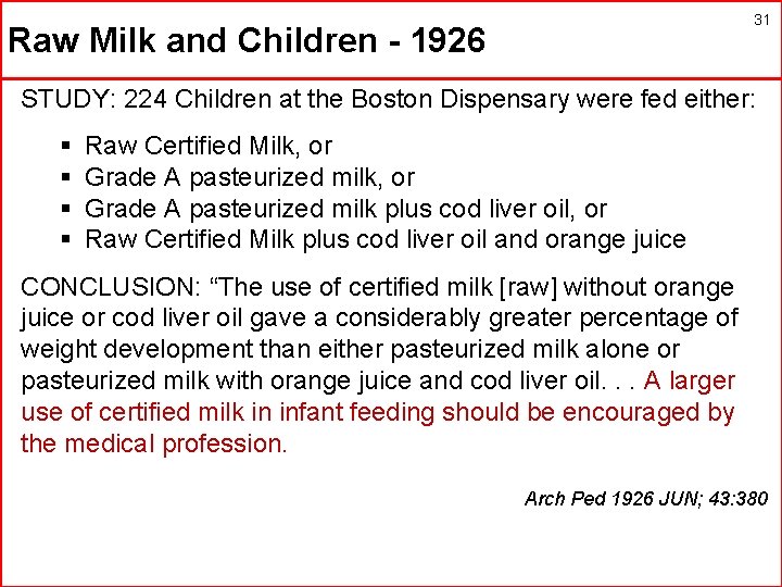 31 Raw Milk and Children - 1926 STUDY: 224 Children at the Boston Dispensary