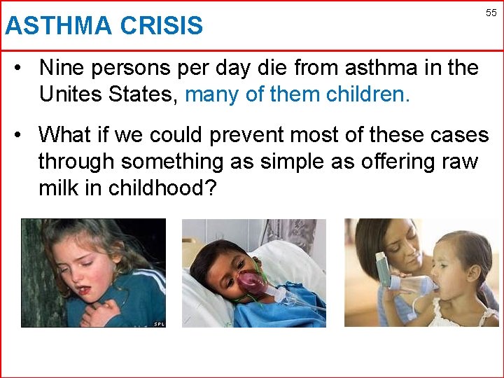 ASTHMA CRISIS 55 • Nine persons per day die from asthma in the Unites