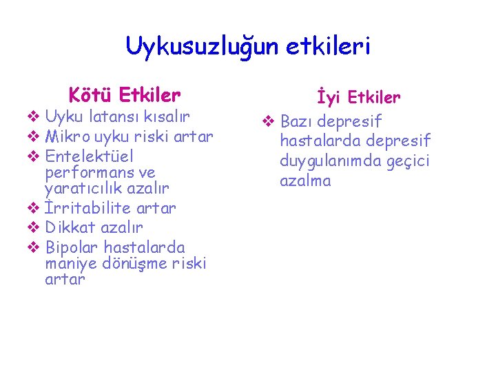 Uykusuzluğun etkileri Kötü Etkiler v Uyku latansı kısalır v Mikro uyku riski artar v