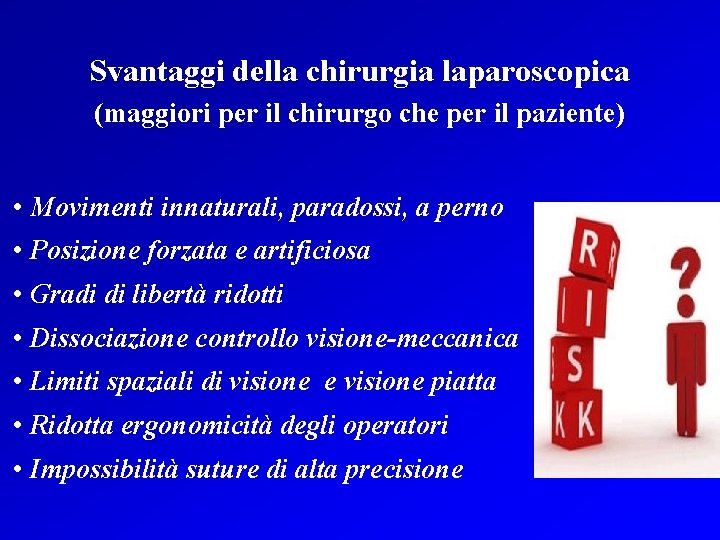 Svantaggi della chirurgia laparoscopica (maggiori per il chirurgo che per il paziente) • Movimenti
