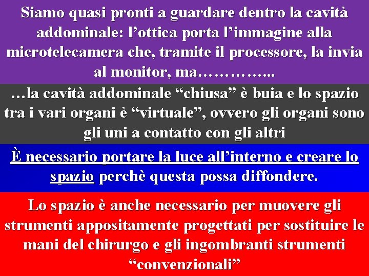 Siamo quasi pronti a guardare dentro la cavità addominale: l’ottica porta l’immagine alla microtelecamera