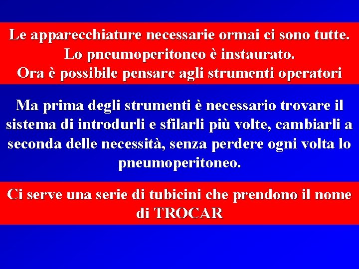 Le apparecchiature necessarie ormai ci sono tutte. Lo pneumoperitoneo è instaurato. Ora è possibile