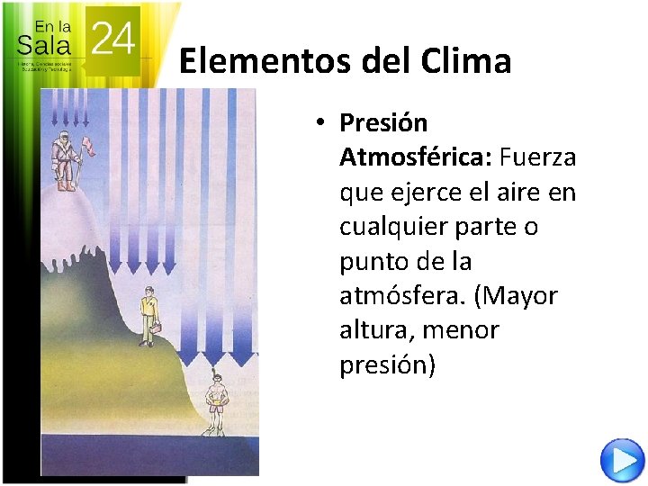 Elementos del Clima • Presión Atmosférica: Fuerza que ejerce el aire en cualquier parte