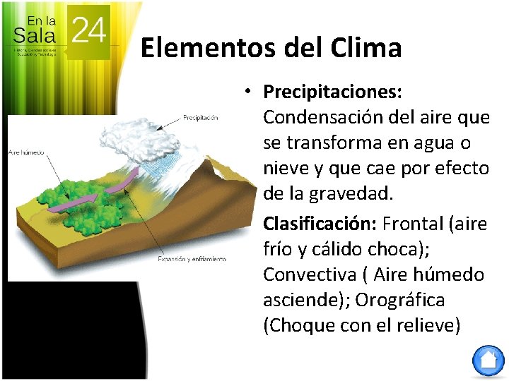 Elementos del Clima • Precipitaciones: Condensación del aire que se transforma en agua o