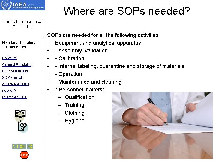 Where are SOPs needed? Radiopharmaceutical Production Standard Operating Procedures Contents General Principles SOP Authorship