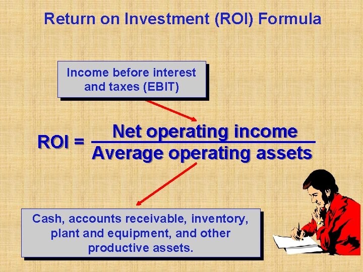Return on Investment (ROI) Formula Income before interest and taxes (EBIT) Net operating income