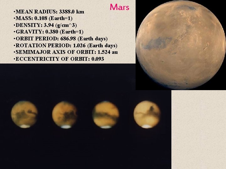Mars • MEAN RADIUS: 3388. 0 km • MASS: 0. 108 (Earth=1) • DENSITY: