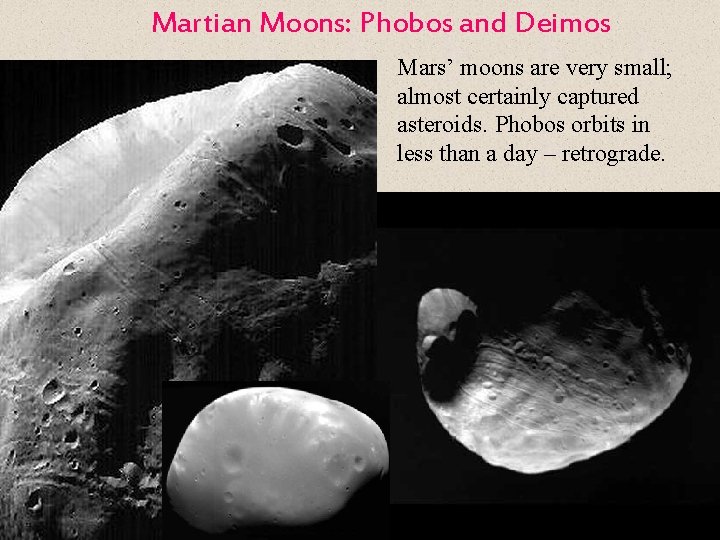 Martian Moons: Phobos and Deimos Mars’ moons are very small; almost certainly captured asteroids.