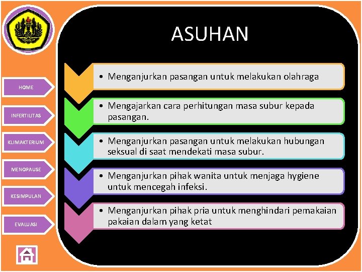 ASUHAN • Menganjurkan pasangan untuk melakukan olahraga HOME INFERTILITAS KLIMAKTERIUM MENOPAUSE • Mengajarkan cara