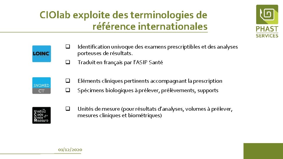 CIOlab exploite des terminologies de référence internationales q Identification univoque des examens prescriptibles et