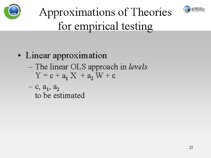 Approximations of Theories for empirical testing • Linear approximation – The linear OLS approach
