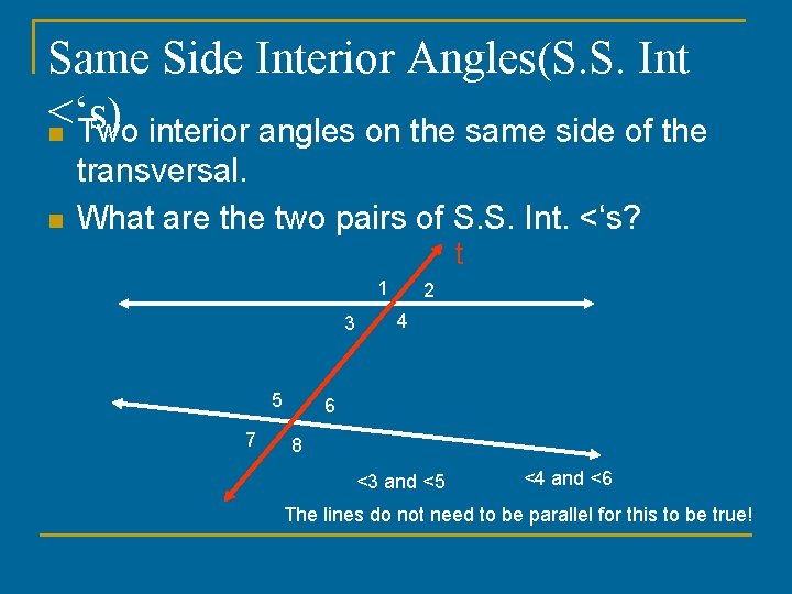 Same Side Interior Angles(S. S. Int <‘s) n Two interior angles on the same