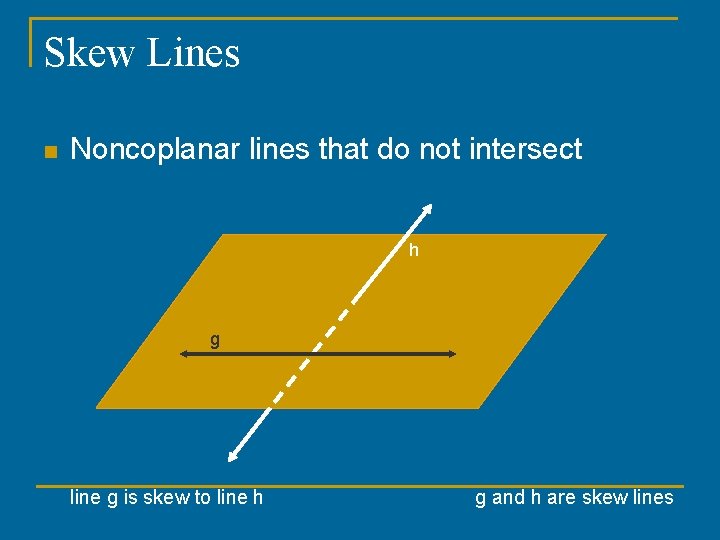 Skew Lines n Noncoplanar lines that do not intersect h g line g is