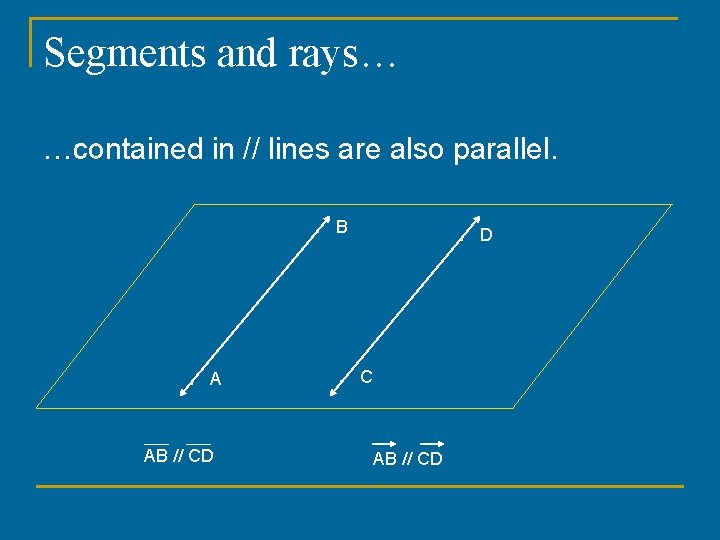 Segments and rays… …contained in // lines are also parallel. . . A AB