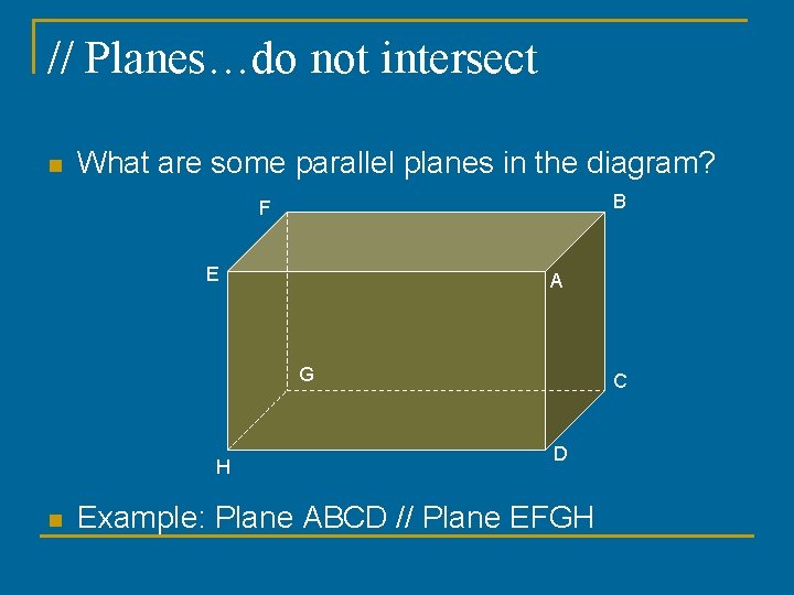 // Planes…do not intersect n What are some parallel planes in the diagram? B