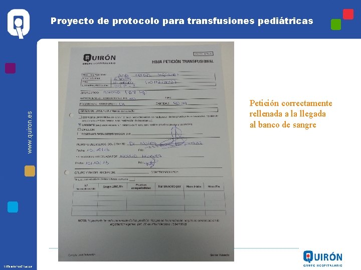 www. quiron. es Proyecto de protocolo para transfusiones pediátricas R 1 IT 8 GHQPC