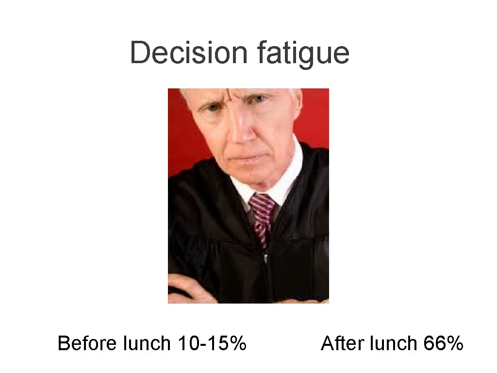 Decision fatigue Before lunch 10 -15% After lunch 66% 