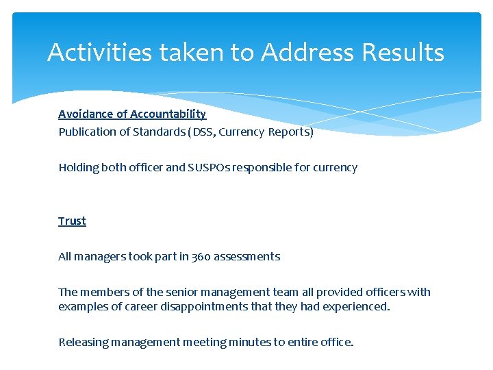 Activities taken to Address Results Avoidance of Accountability Publication of Standards (DSS, Currency Reports)