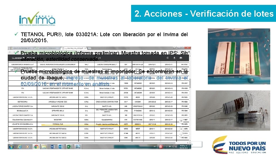 2. Acciones - Verificación de lotes ü TETANOL PUR®, lote 033021 A: Lote con 2. Acciones - Verificación de lotes ü TETANOL PUR®, lote 033021 A: Lote con