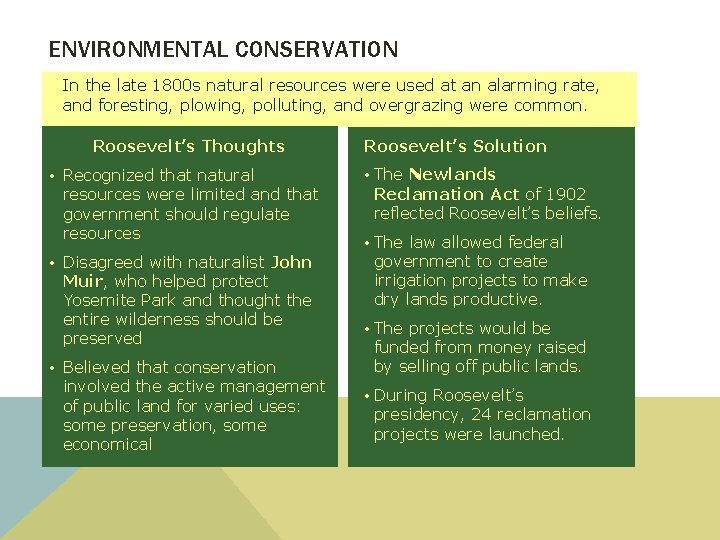 ENVIRONMENTAL CONSERVATION In the late 1800 s natural resources were used at an alarming