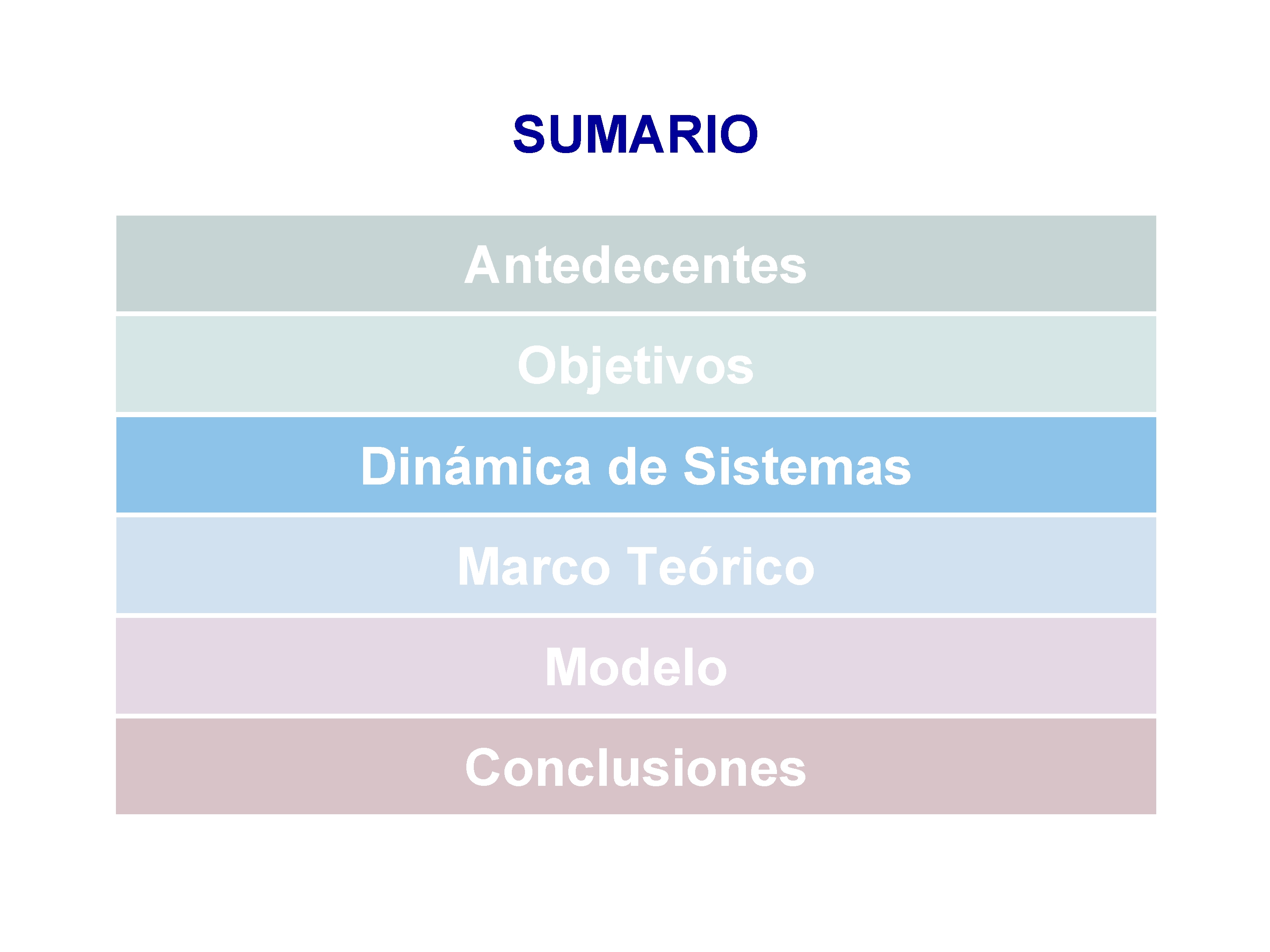 SUMARIO Antedecentes Objetivos Dinámica de Sistemas Marco Teórico Modelo Conclusiones 