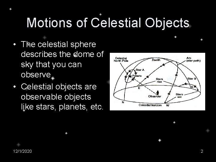 Motions of Celestial Objects • The celestial sphere describes the dome of sky that