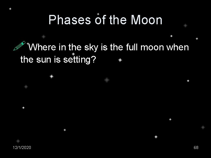 Phases of the Moon Where in the sky is the full moon when the