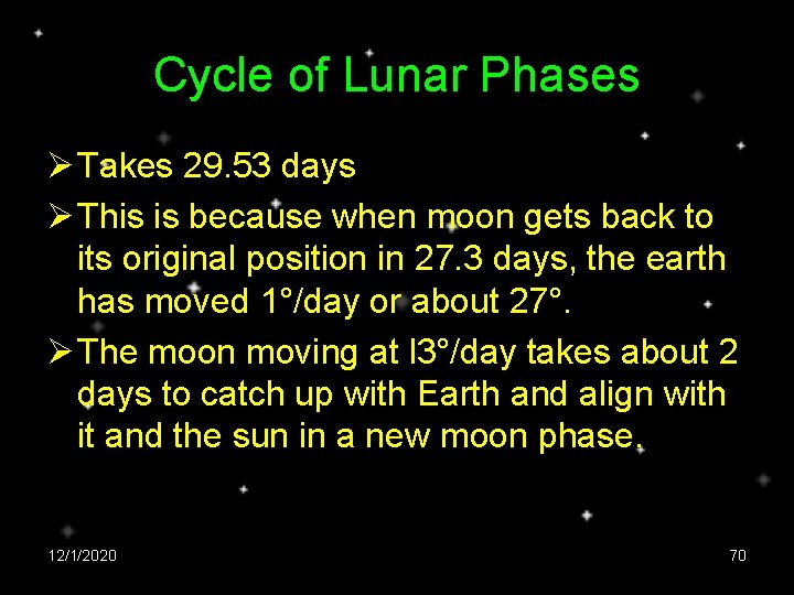 Cycle of Lunar Phases Ø Takes 29. 53 days Ø This is because when