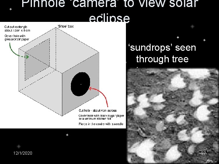 Pinhole ‘camera’ to view solar eclipse ‘sundrops’ seen through tree leaves 12/1/2020 97 