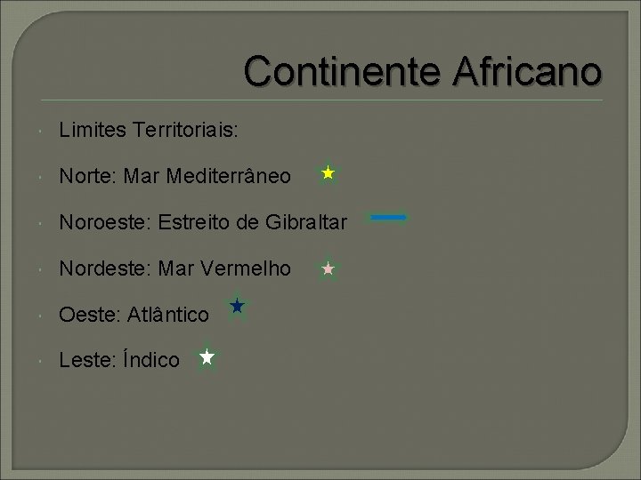 Continente Africano Limites Territoriais: Norte: Mar Mediterrâneo Noroeste: Estreito de Gibraltar Nordeste: Mar Vermelho