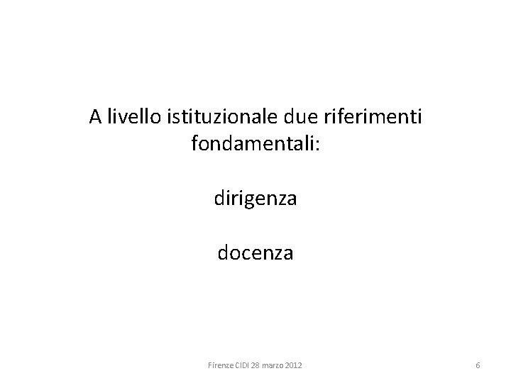 A livello istituzionale due riferimenti fondamentali: dirigenza docenza Firenze CIDI 28 marzo 2012 6