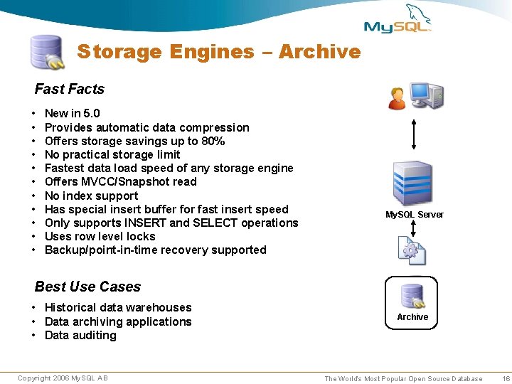 Storage Engines – Archive Fast Facts • • • New in 5. 0 Provides Storage Engines – Archive Fast Facts • • • New in 5. 0 Provides