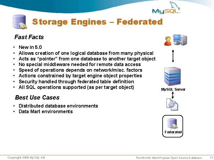 Storage Engines – Federated Fast Facts • • New in 5. 0 Allows creation Storage Engines – Federated Fast Facts • • New in 5. 0 Allows creation