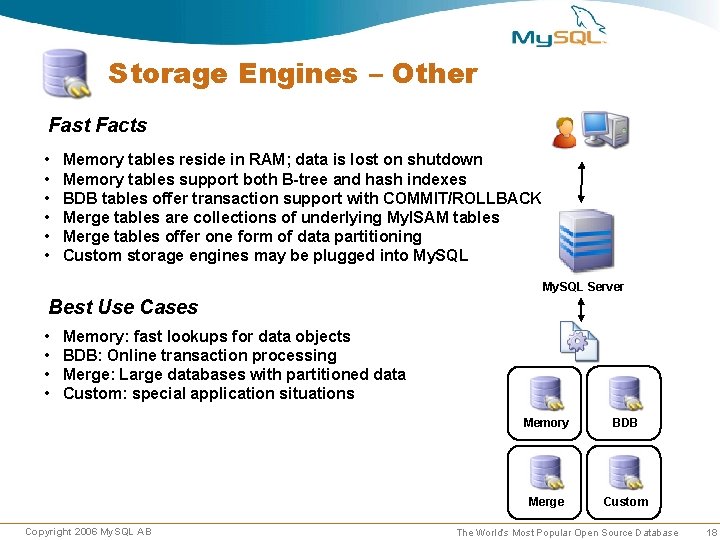 Storage Engines – Other Fast Facts • • • Memory tables reside in RAM; Storage Engines – Other Fast Facts • • • Memory tables reside in RAM;