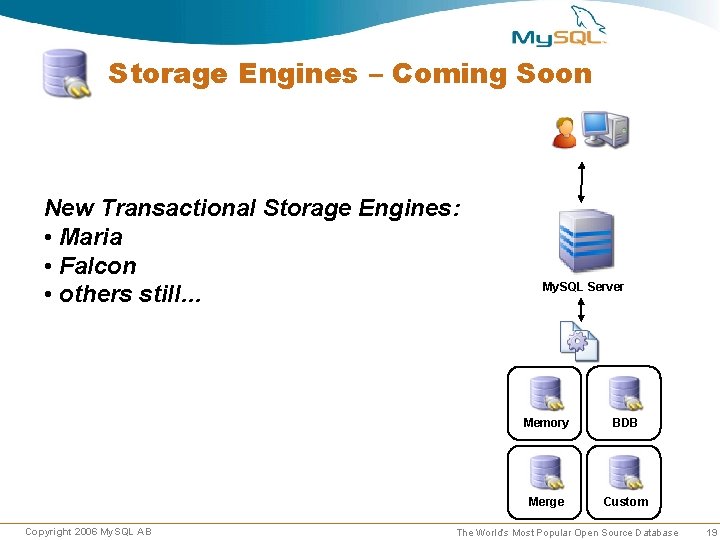 Storage Engines – Coming Soon New Transactional Storage Engines: • Maria • Falcon • Storage Engines – Coming Soon New Transactional Storage Engines: • Maria • Falcon •