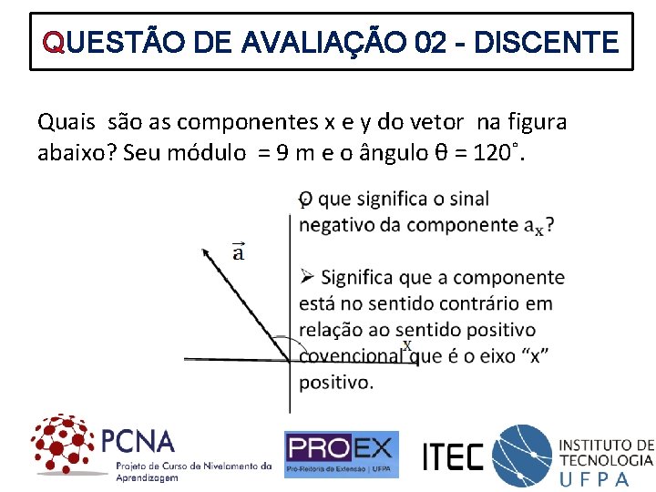 QUESTÃO DE AVALIAÇÃO 02 - DISCENTE Quais são as componentes x e y do