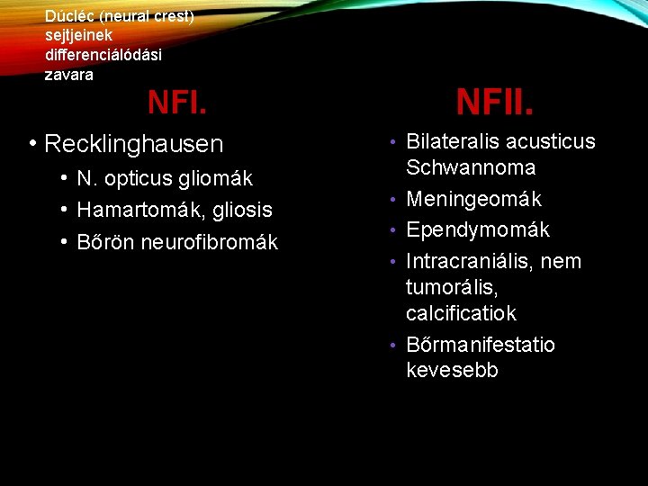 Dúcléc (neural crest) sejtjeinek differenciálódási zavara NFII. NFI. • Recklinghausen • N. opticus gliomák