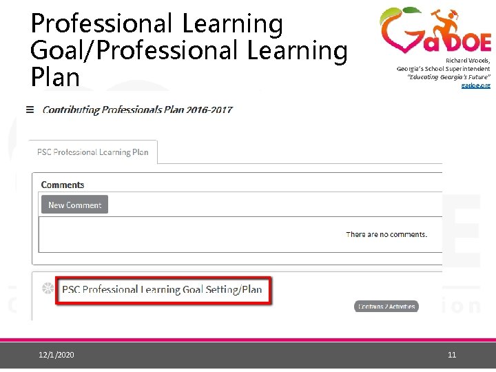 Professional Learning Goal/Professional Learning Plan 12/1/2020 Richard Woods, Georgia’s School Superintendent “Educating Georgia’s Future”